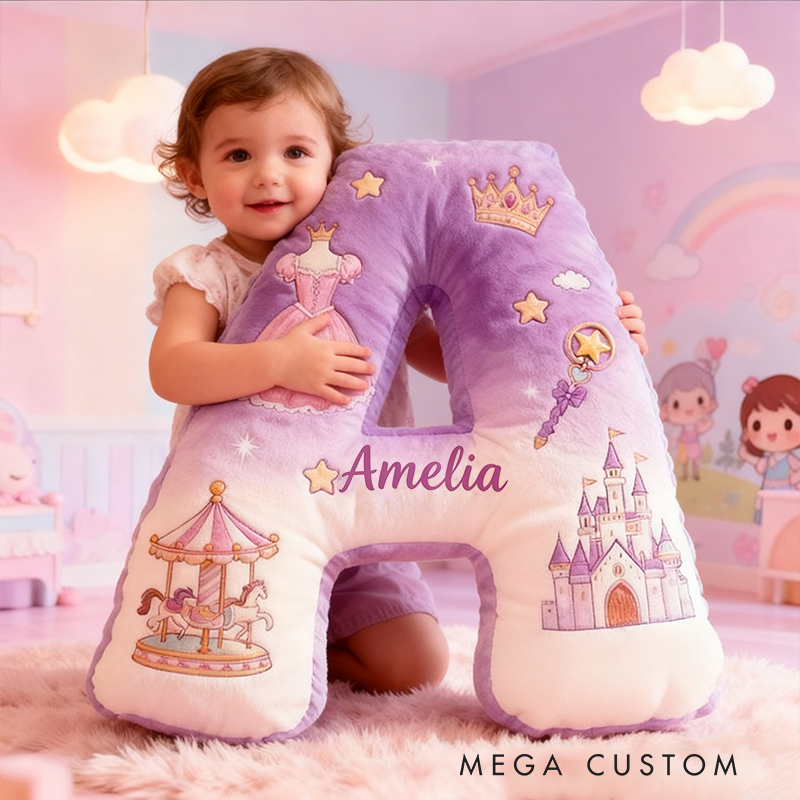Personalized Princess Letter Custom Name Soft Decorative Gift Magical Castle Style Cozy Nursery Pink Dream Crown Dress Carousel Fairy Tale Lovely Graphic 3D Print Pillow