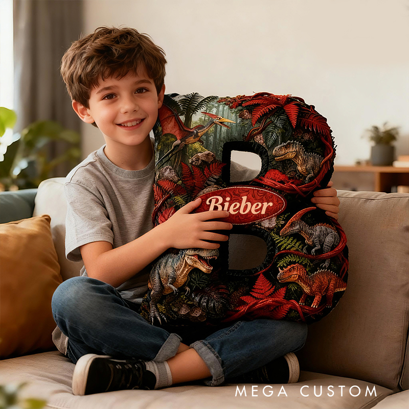 Personalized Dinosaur Jungle Letter Custom Name Soft Decorative Gift Adventure Forest Style Cozy Bedroom Green Red T Rex Velociraptor Fun Explorer Boy Room Graphic 3D Print Pillow