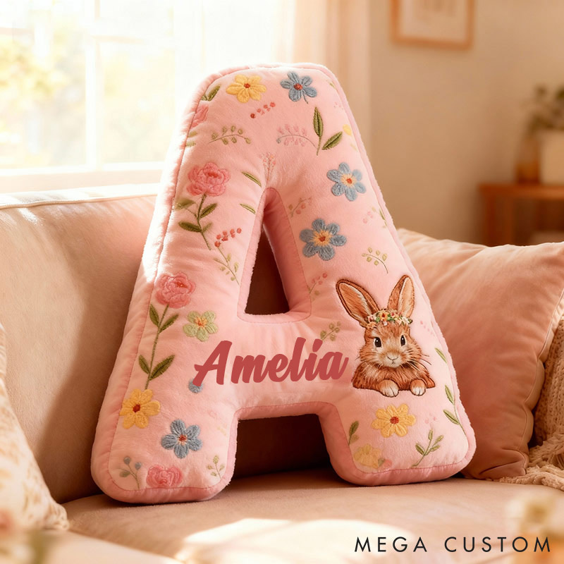 Personalized GirlFriend Flower Floral Rabbit Pink Pillow Custom Name Cushion Valentine's Gift for GirlFriend Christmas Gift for Her for Flower Girl