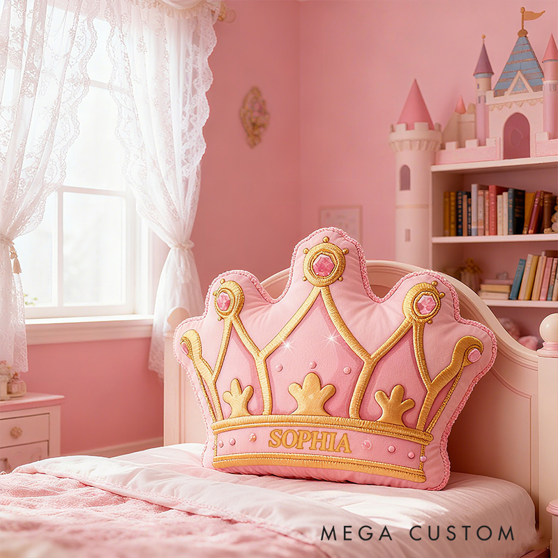 Personalized Pink Crown Shape Custom Name Soft Decorative Gift Royal Princess Style Cozy Girls Room Fairytale Castle Graphic 3D Print Pillow