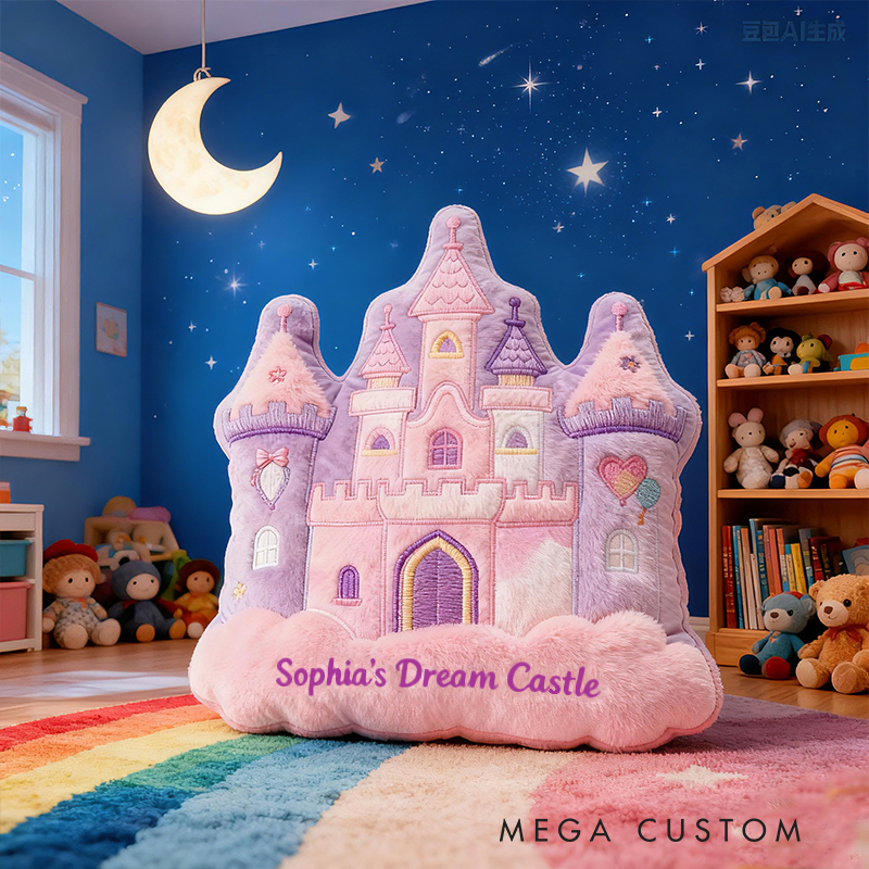 Personalized Pink Purple Castle Shape Custom Name Soft Decorative Gift Fairytale Princess Style Cozy Nursery Room Dream Magic Graphic 3D Print Pillow