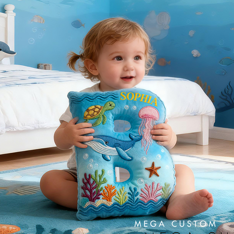 Personalized Ocean Letter Custom Name Soft Decorative Gift Underwater Sea Style Cozy Bedroom Blue Coral Whale Turtle Starfish Colorful Waves Marine Wonder Graphic 3D Print Pillow