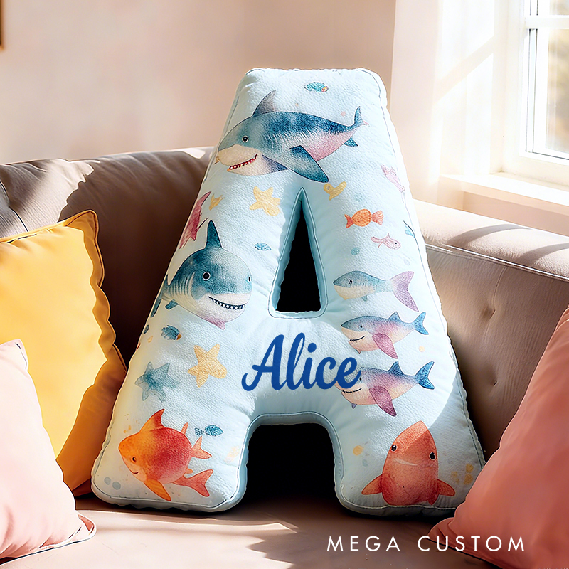 Personalized Shark Letter Initial Custom Name Soft Decorative Gift Fun Kids Room Sea Life Alphabet Shape  Graphic 3D Print Pillow