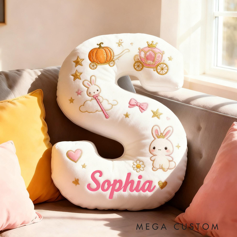 Personalized Letter Bunny Custom Name Soft Decorative Gift Sweet Princess Style Cozy Nursery Pink Dream Cute Rabbit Crown Flowers Magical Baby Room Graphic 3D Print Pillow