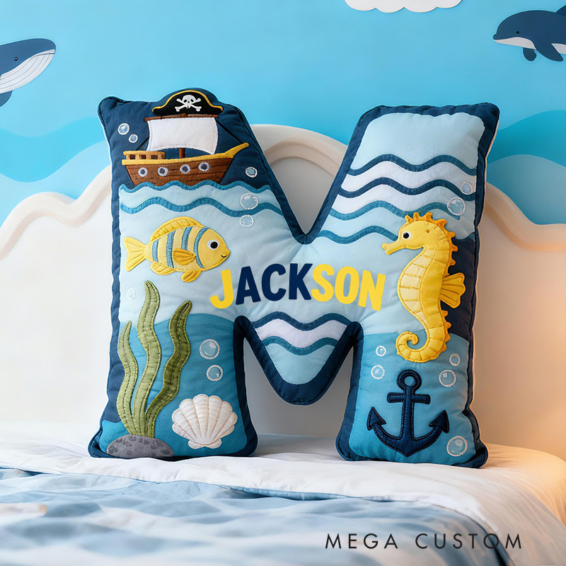 Personalized Pirate Ocean Letter Custom Name Soft Decorative Gift Underwater Sea Style Cozy Bedroom Blue Wave Fish Anchor Seahorse Ship Adventure Graphic 3D Print Pillow