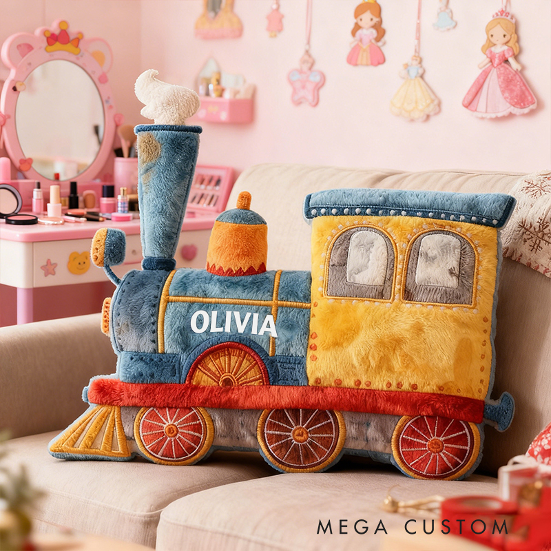 Personalized Train Name Custom Soft Decorative Gift Colorful Railway Adventure Style Fun Playful Cozy Kid Room Magical Journey Steam Engine Rainbow Graphic 3D Print Pillow