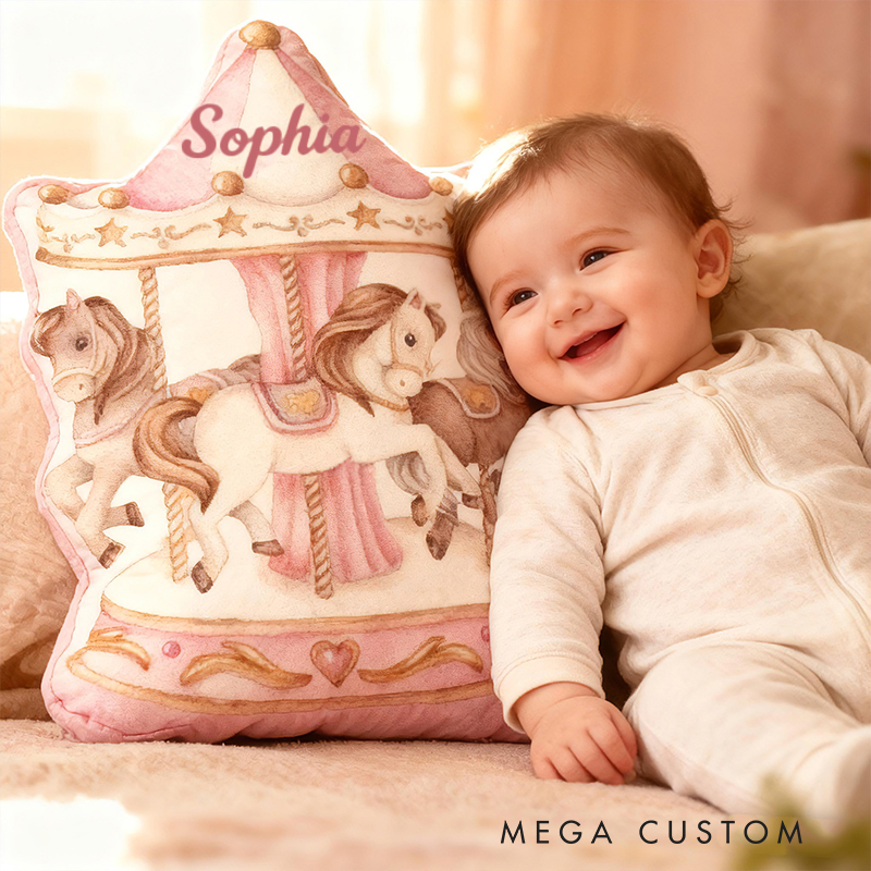 Personalized Carousel Horse Shape Custom Name Soft Decorative Gift Fairytale Princess Style Cozy Nursery Room Gentle Pink Graphic 3D Print Pillow