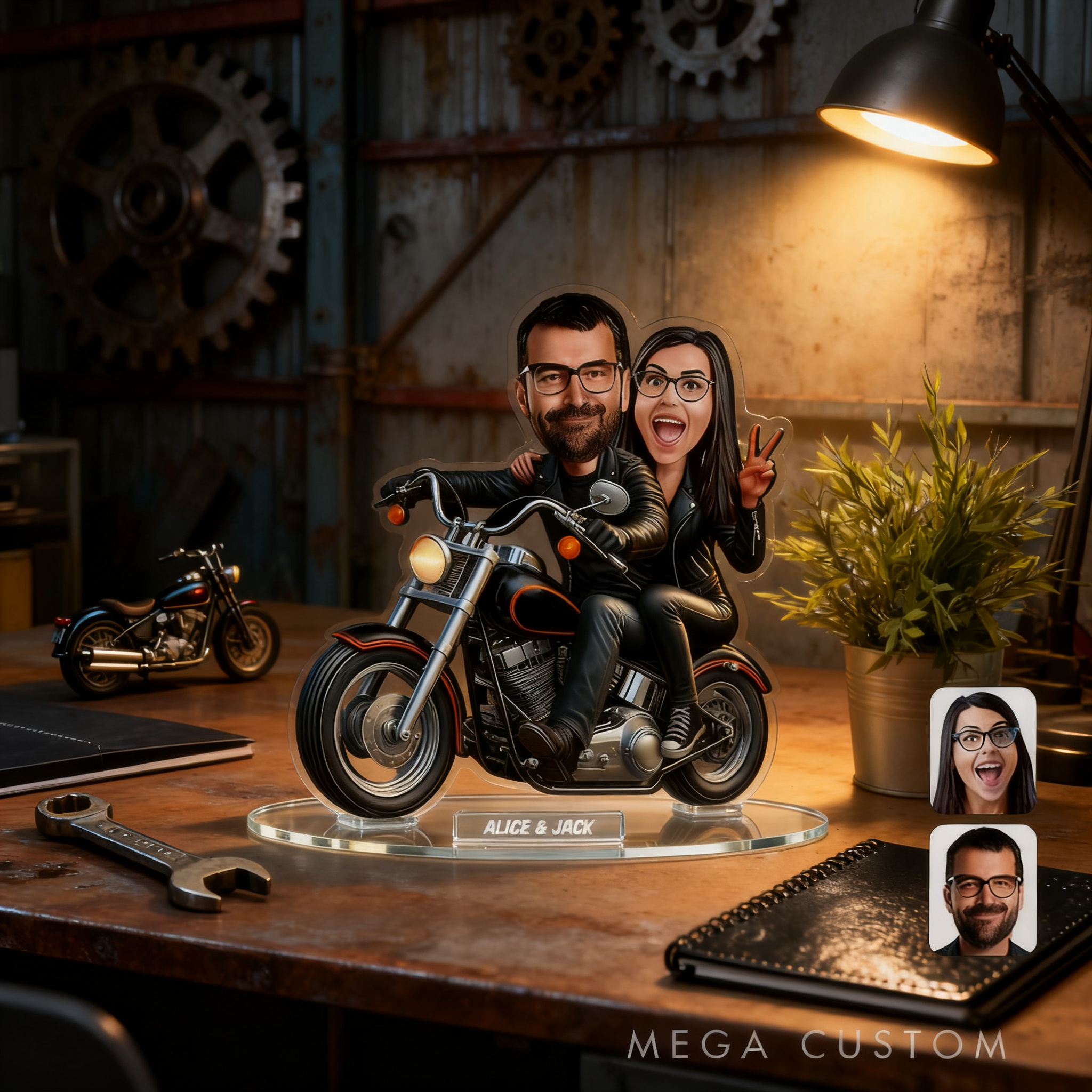 Personalized Cartoon Motorcycle Couple Acrylic Figurine Custom Cartoon Portrait Gift for Biker Lovers or Anniversary