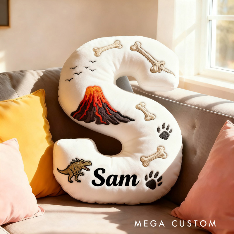 Personalized Volcano Letter Name Custom Kids Gift Dinosaur Bones Lava Adventure Fun Soft Decorative Graphic 3D Print Pillow