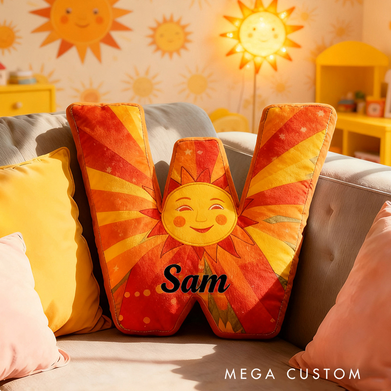 Personalized Sun Letter Custom Name Soft Decorative Gift Bright Sunshine Style Cozy Nursery Warm Smile Cheerful Daylight Cute Happy Energy Graphic 3D Print Pillow