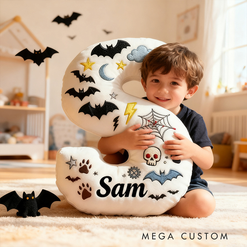 Personalized Bat Custom Name Soft Decorative Gift Spooky Night Style Cozy Bedroom Moon Star Ghost Fun Cute Boy Room Black White Magic Vibe Graphic 3D Print Pillow
