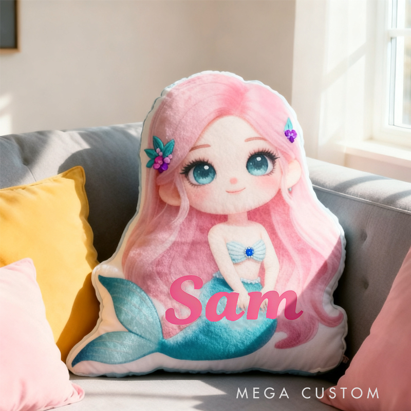 Personalized Cute 3D Cartoon Fantasy Mermaid with Name Pillow Christmas Gift for Kids Family