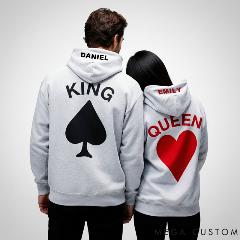 Personalized Couple King and Queen Matching Hoodie with Name Custom Couple Playing Card Sweatshirt Valentine's Day Gift for Him Her Anniversary Gift