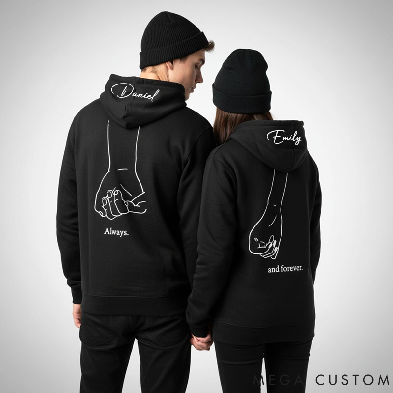 Personalized Couple Always and Forever Matching Hoodie with Name Custom Couple Line Holding Hands Sweatshirt Anniversary Gift Valentine's Day Gift