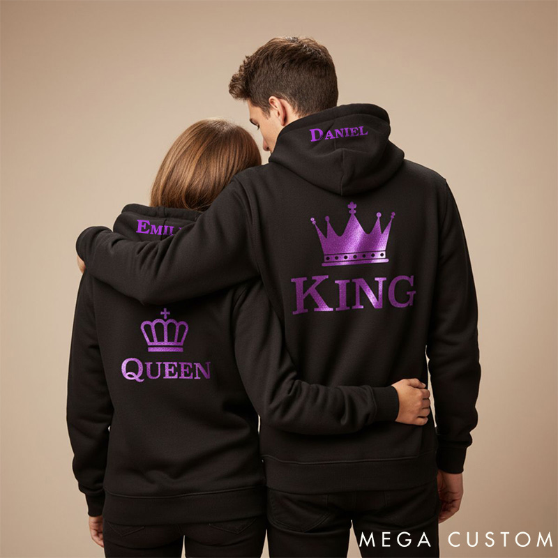 Personalized Couple Purple King and Queen with Crown Matching Hoodie Custom Couple Sweatshirt with Name Anniversary Gift Valentine's Day Gift