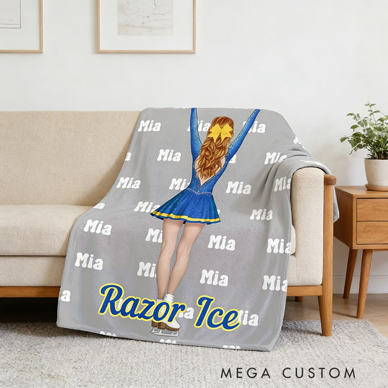 Personalized Figure Skating Cartoon Character Multicolor Soft Throw Blanket with Name Daily Training Match Day Team Gift for Figure Skaters and Coaches