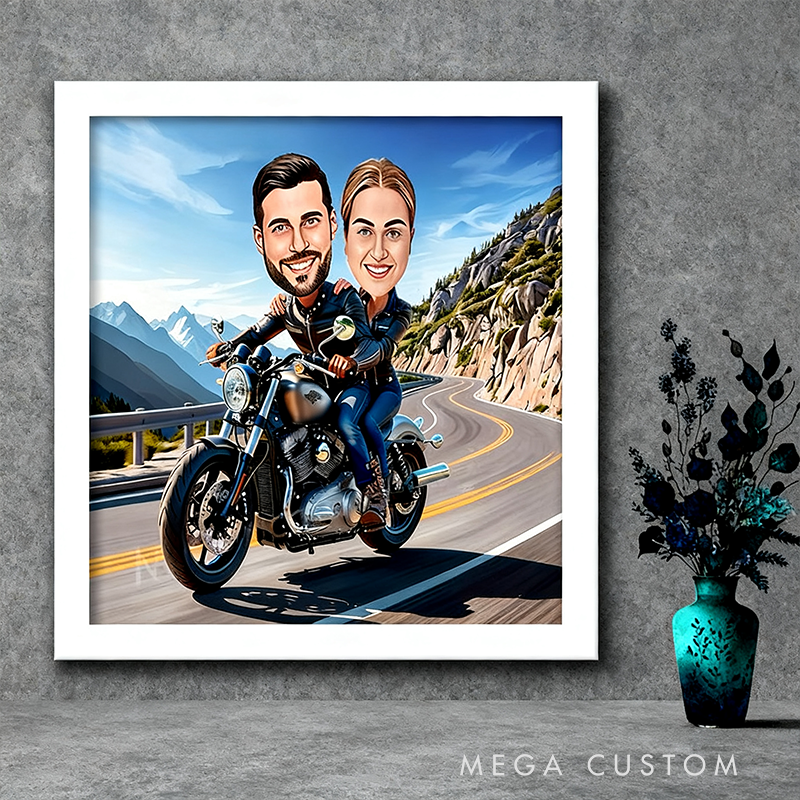 Personalized Motorcycle Couple Portrait Custom Biker Caricature Drawing Poster Gift for Motorcycle Lovers and Couples