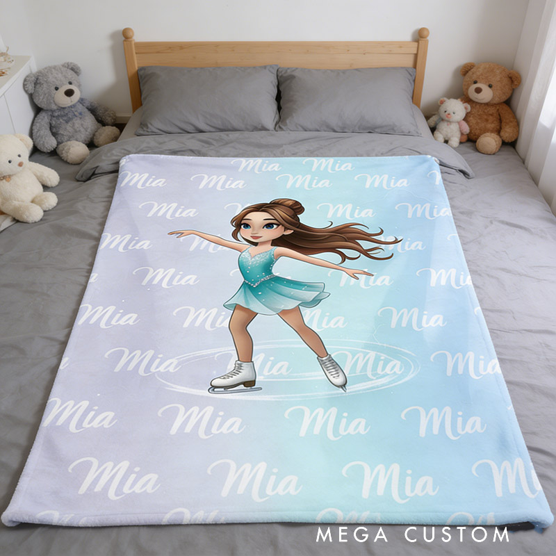 Personalized Figure Skating Cartoon Character Soft Throw Blanket with Your Name Daily Training Match Day Team Gift for Figure Skaters and Coaches