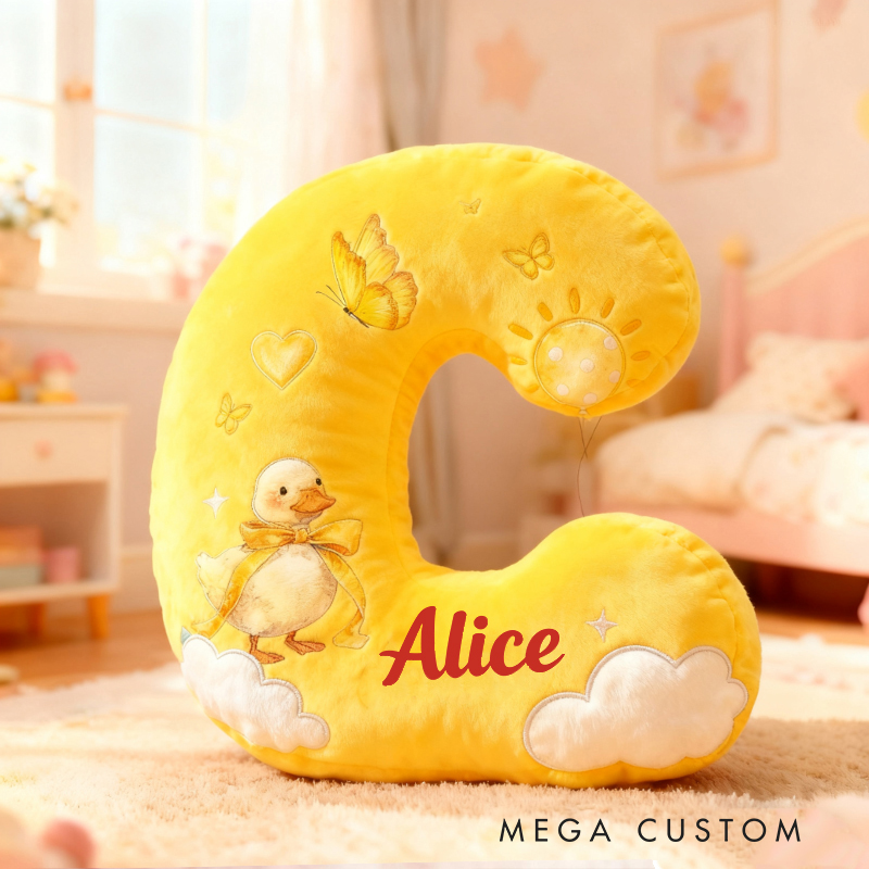 Personalized Yellow Duck Sun Cloud Letter Initial Custom Name Soft Decorative Gift Cheerful Kids Room Bright Alphabet Graphic 3D Print Pillow