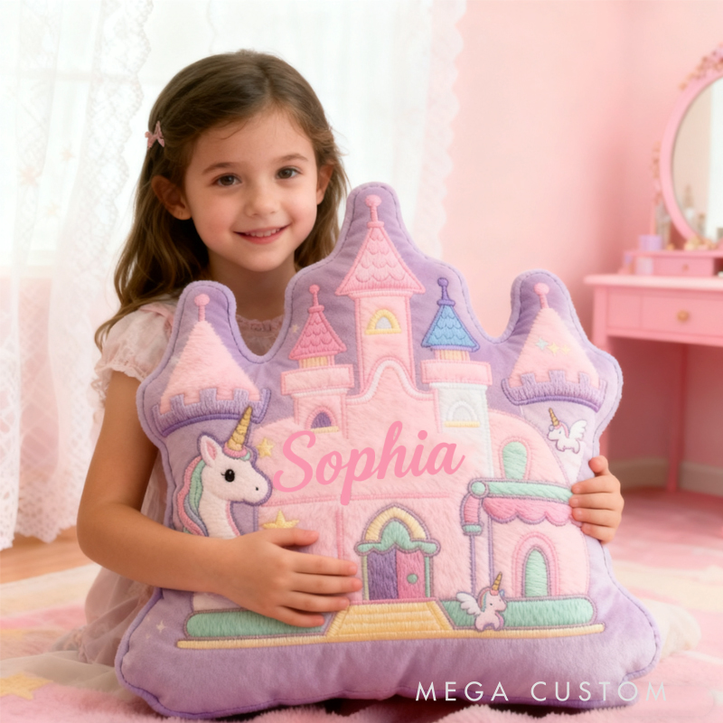 Personalized Cartoon Princess Dream Horse Castle with Name Graphic 3D Print Pillow Christmas Gift for Kids 