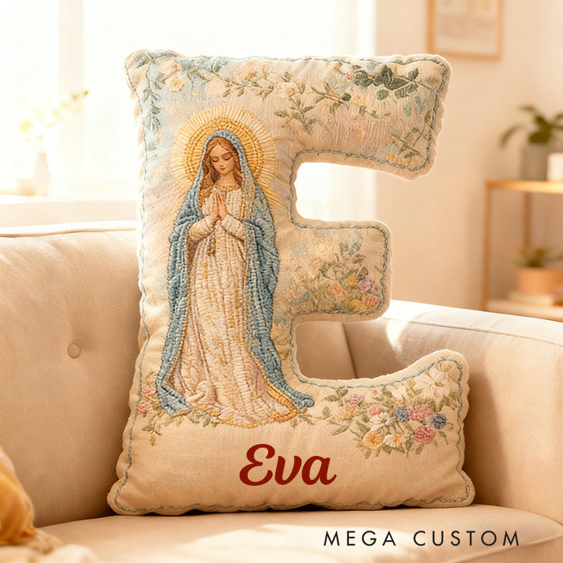 Personalized Virgin Mary Floral Letter Pillow with Custom Name Religious Home Decor Gift Catholic Gift for Her Prayer Gift Graphic 3D Print Pillow