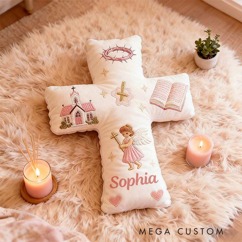 Personalized Little Angel Cross Pillow with Custom Name Graphic 3D Print Pillow Kid Room Decor Church Cross Angel Bible Religious Faith Gift for Her