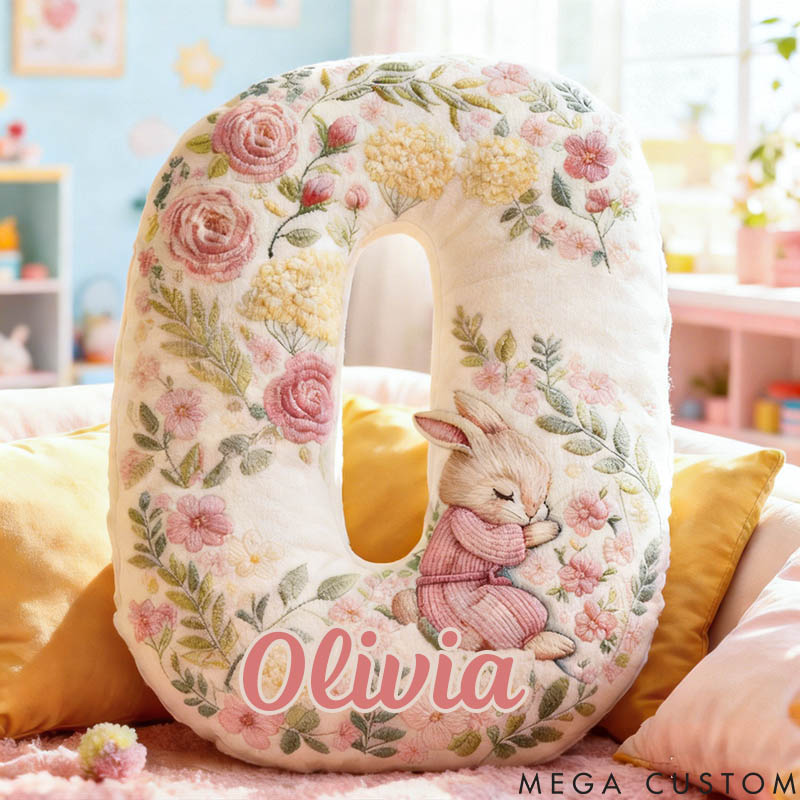 Personalized Girl friend Pink Floral Rabbit Graphic 3D Printed Pillow Custom Flower Girl Name Cushion Valentine's Day Gift Christmas Gift for Her