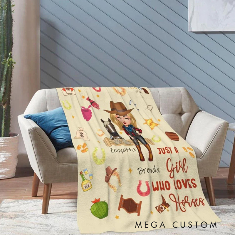 Personalized Personalized Cowgirl Horse Element Multicolor Soft Throw Blanket with Name Home Decor Birthday Gift for Women Horse Lovers Riding Lovers Equestrian Lovers