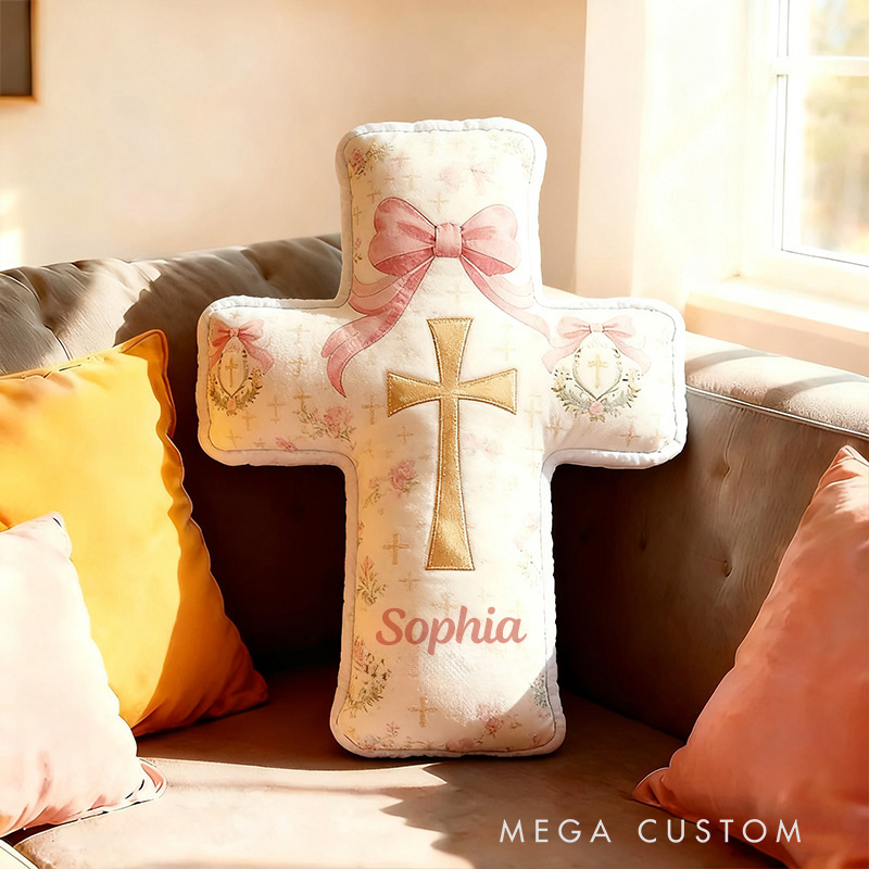 Personalized Bow Wreath Cross Pillow with Custom Name Graphic 3D Print Pillow Home Decor Christian Religious Gift for Kids Girls