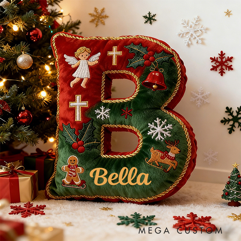 Personalized Christmas Letter Pillow with Custom Name Christmas Tree Angel Cross Bell Reindeer Festive Home Decor Graphic 3D Print Christian Gift