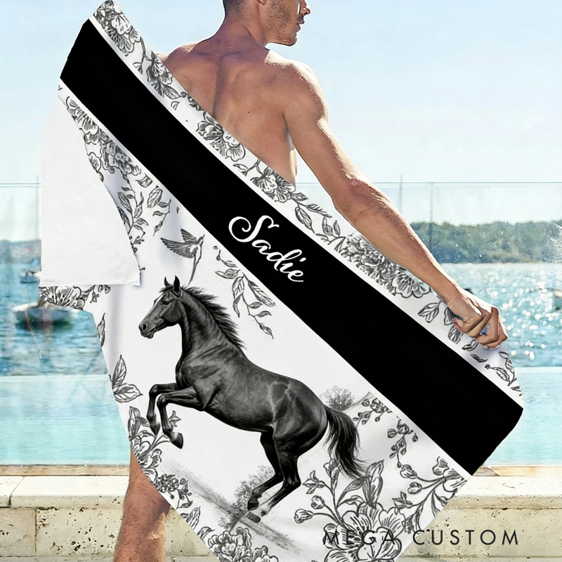 Personalized Toile De Jouy Pattern  Equestrian Floral Horse Quick-Dry Microfiber Beach Towel Quick Dry Soft Oversized Beach Towel with Name Summer Vacation Beach Party Birthday Gift for Riding Lovers Equestrian Lovers