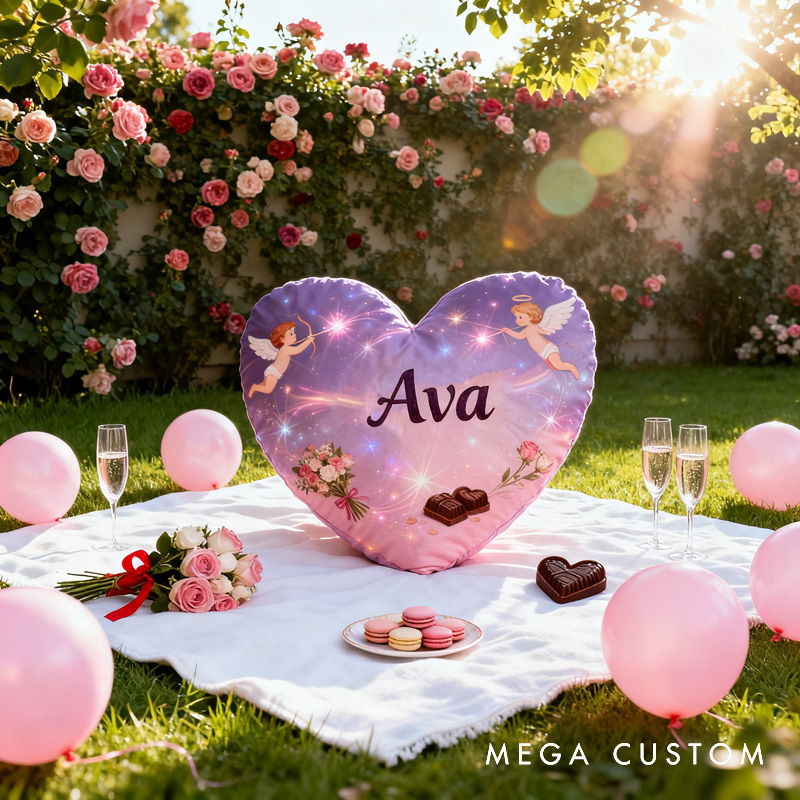 Personalized Cupid Cartoon Heart-Shaped Pillow with Name Soft Stuffed Toy for Kids and Lover Unique Decorative Cushion for Room for Valentine's Day Anniversary