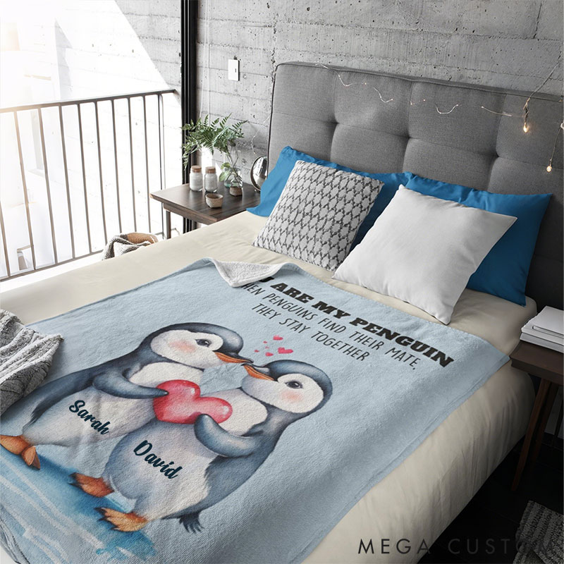Personalized You Are My Penguin Couple Blanket Custom Names Cozy Gifts for Couple for Wife Husband Valentine's Gifts for Girlfriend Boyfriend