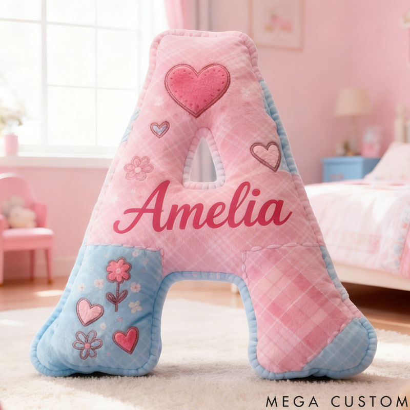 Personalized Flower Girl Floral Heart Pink Plaid Graphic 3D Printed Pillow Custom Girl friend Name Cushion Valentine's Day Gift Christmas Gift for Her