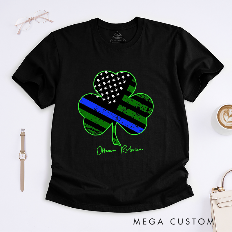 Personalized Thin Blue Line Shamrock Police Design Gift for Policewoman Police Officer T-Shirt