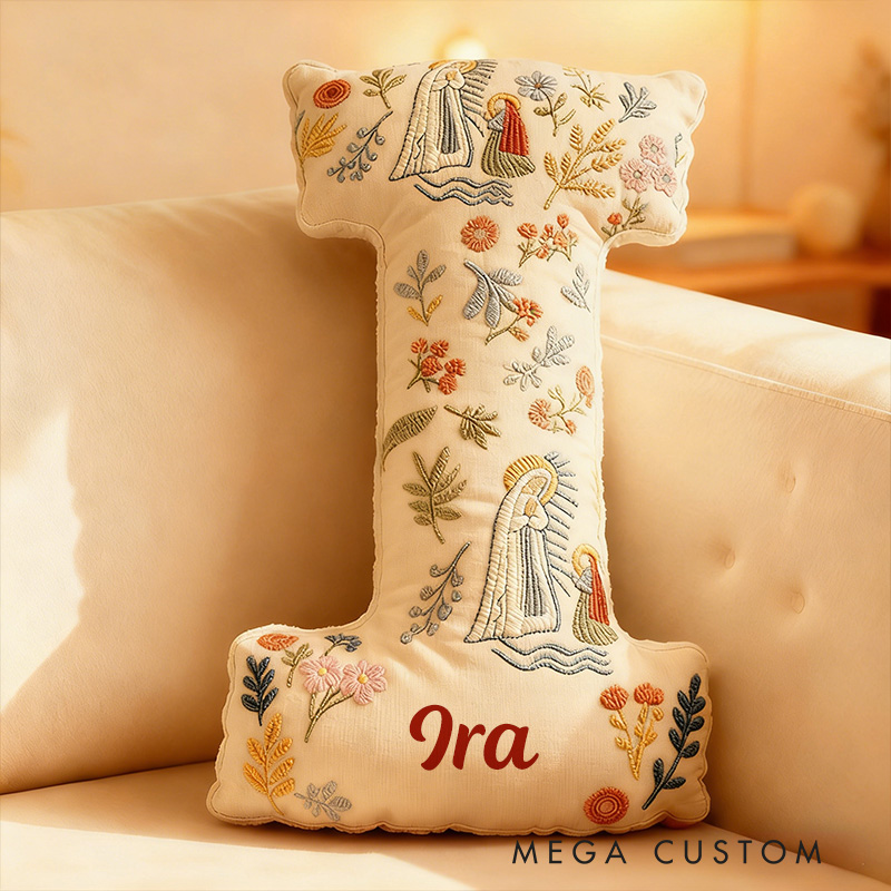 Personalized Our Lady of Lourdes Floral Graphic 3D Print Letter Pillow with Custom Name Religious Home Decor Catholic Gift for Women