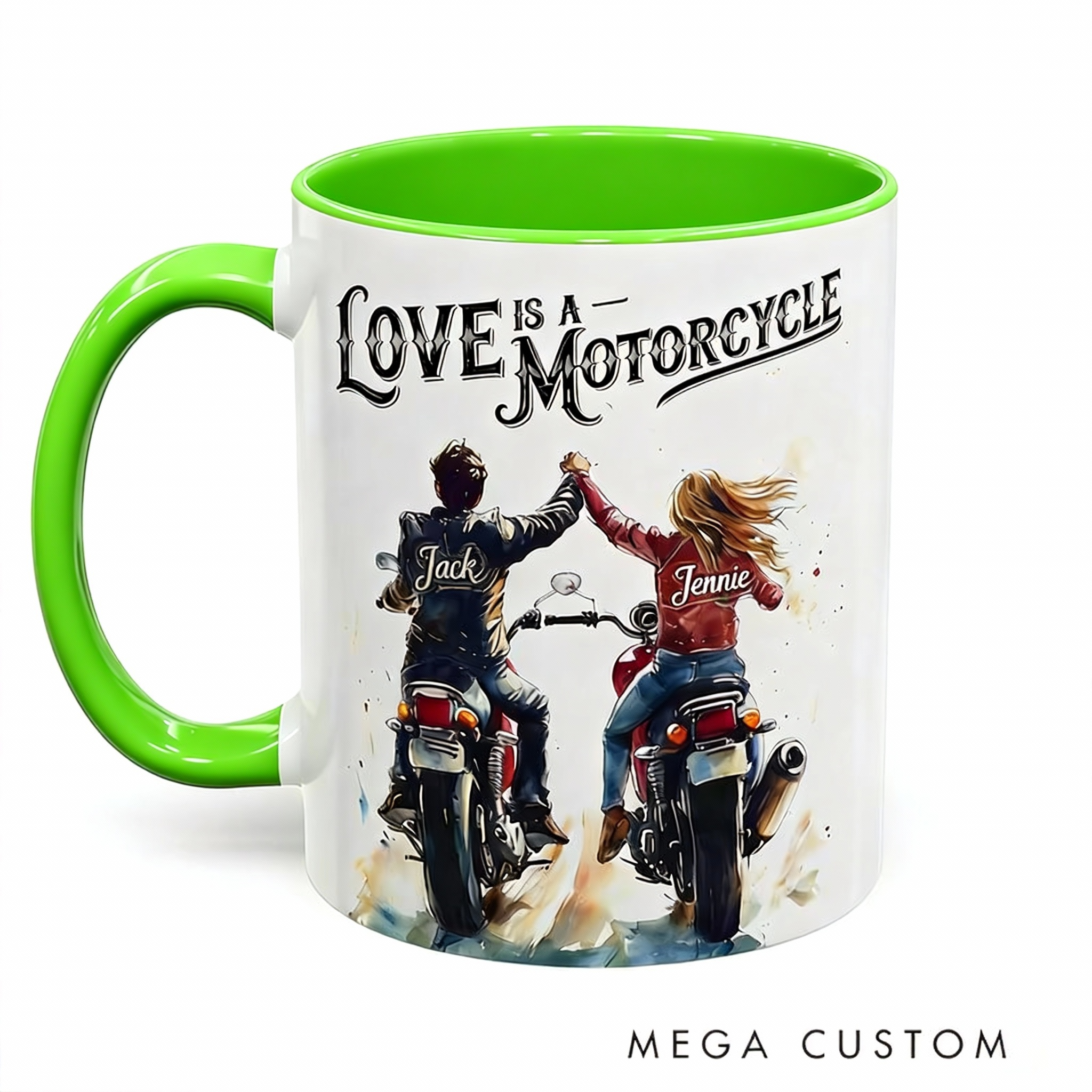 Personalized Love is a Motorcycle Mug Custom Name Biker Couple Coffee Cup Watercolor Romantic Gift for Motorcycle Lovers