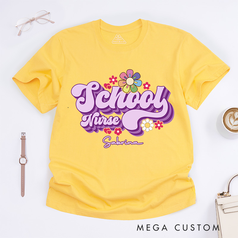 Personalized Nurse T-Shirts School Nurse Blossoms of Care Fashion Design T-Shirts