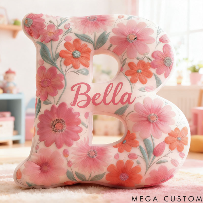 Personalized Flower Girl Pink Colorful Floral 26 Letters Pillow Custom Girl friend Graphic 3D Printed Cushion Christmas Valentine's Day Gift for Her