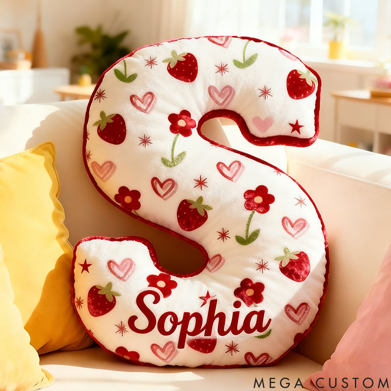 Personalized Flower Girl Floral Strawberry Heart Graphic 3D Printed Pillow Custom Girl friend Name Cushion Valentine's Day Gift Christmas Gift for Her