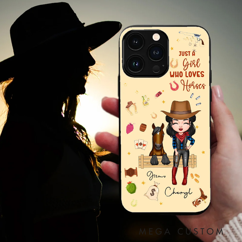 Personalized Cartoon Horse and Cowgirl Phone Case with Name Horse Racing Birthday Gift for Riding Lovers Equestrian Lovers Unique Style Phone Cases