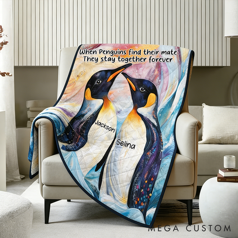 Personalized Penguin Couple Throw Blanket Custom Names Cozy Gifts for Couple for Wife Husband Valentine's Gifts for Girlfriend Boyfriend