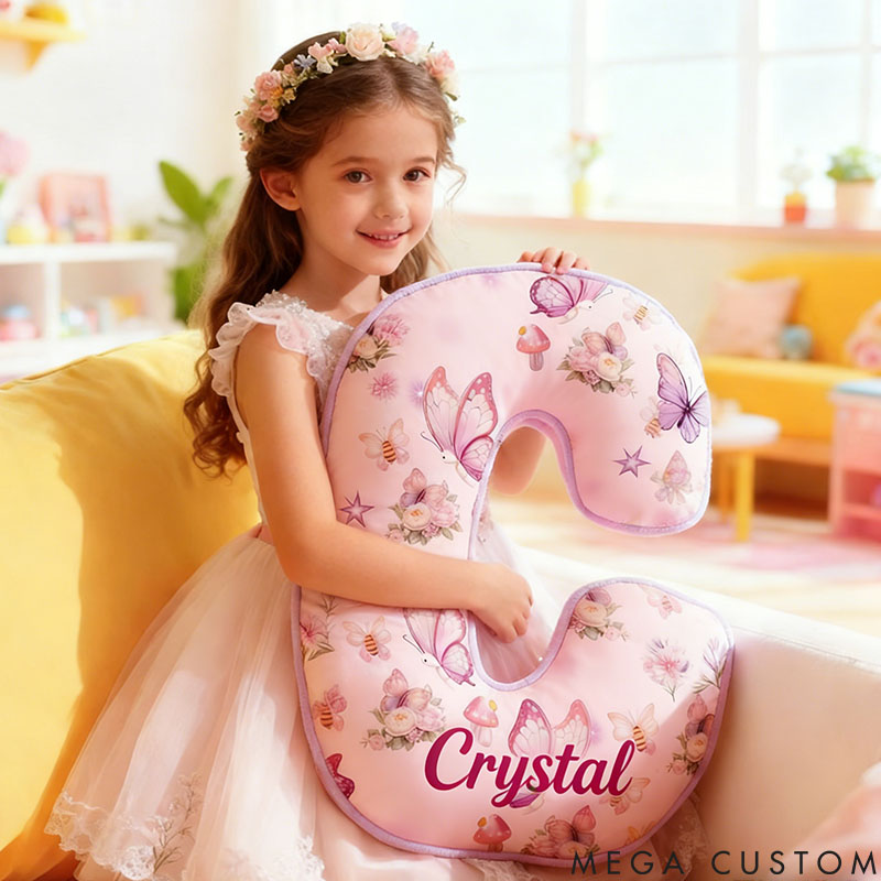 Personalized Flower Girl Purple Floral Butterfly Mushroom 26 Letters Pillow Girl friend Name Graphic 3D Printed Cushion Valentine's Day Gift for Her