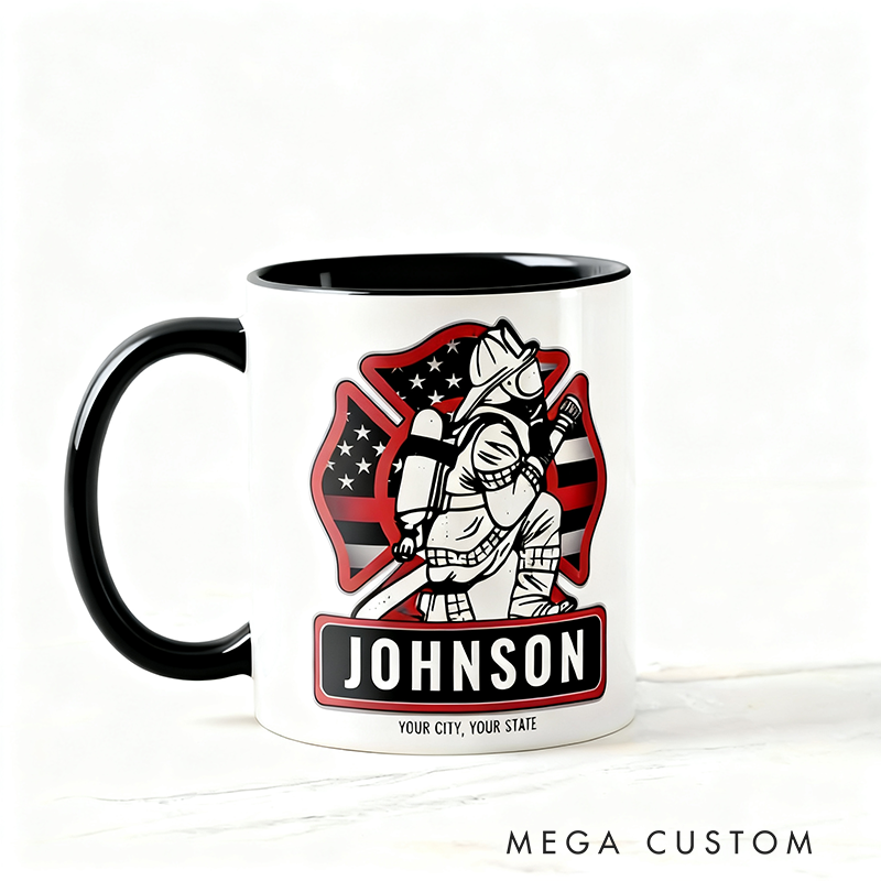 Personalized Firefighter Coffee Mug Custom Name and State Fire Dept Patriotic Flag Mug Gift for Firefighters