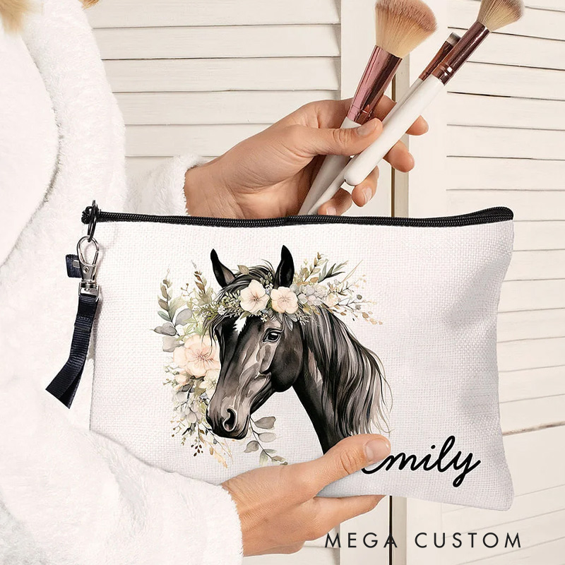 Personalized Watercolor Floral Horse Linen Wristlet Makeup Bag with Name Birthday Gift for Women Riding Lovers