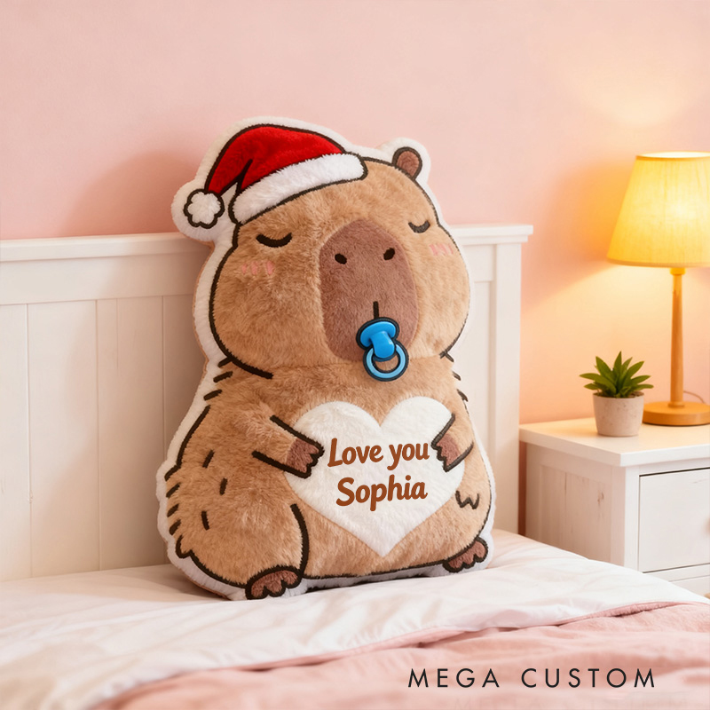 Personalized Christmas Kapibala Name Custom Kids Gift Cute Santa Hat Soft Cozy Holiday Love Decorative Graphic 3D Print Pillow