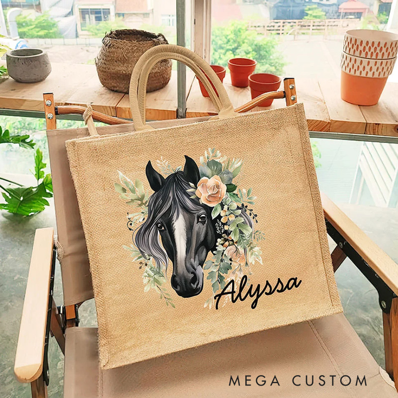 Personalized Floral Horse Reuseable Jute Tote Bag with Name Birthday Christmas Gift for Riding Lovers Equestrian Lovers