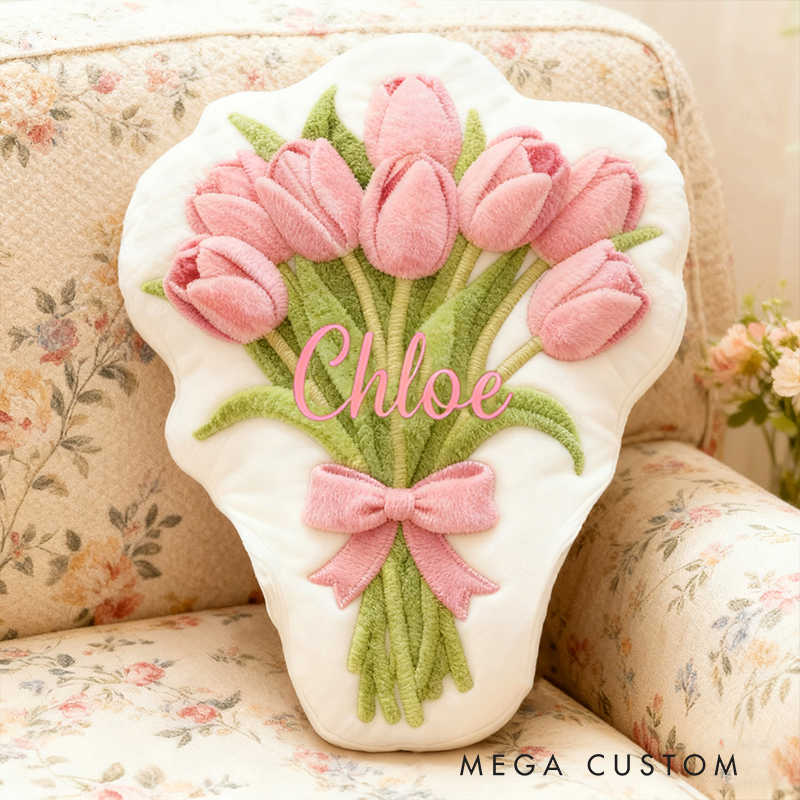 Personalized Pink Tulip Bouquet Custom Name Soft Decorative Gift Floral Spring Style Cozy Home Garden Fresh Lovely Elegant Bloom Magic Graphic 3D Print Pillow