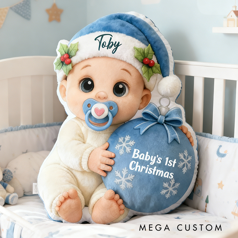 Personalized Baby Girl Baby Boy First Christmas Cushion With Pink Hat And Ornament Graphic 3D Print Pillow
