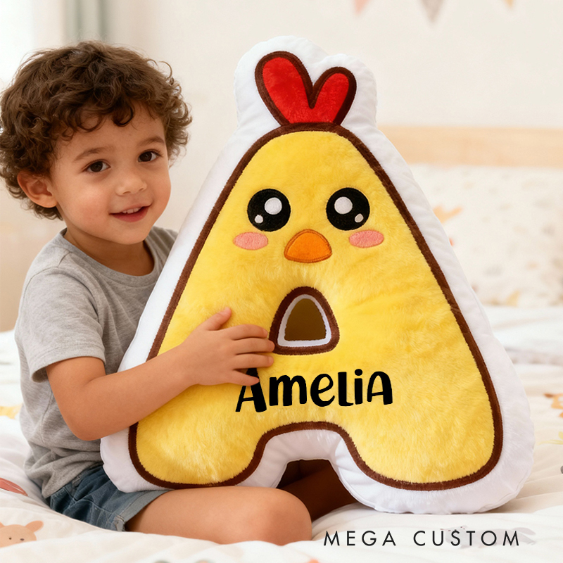 Personalized Chick Letter Name Custom Soft Decorative Gift Cute Animal Style Fun Yellow Cozy Playful Nursery Adorable Farm Cartoon Warm Plush Graphic 3D Print Pillow